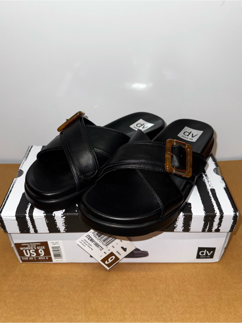 DV Dolce Vita Usha Black Slide Sandals Tortoise Buckle Platform Shoes US 9 NEW
